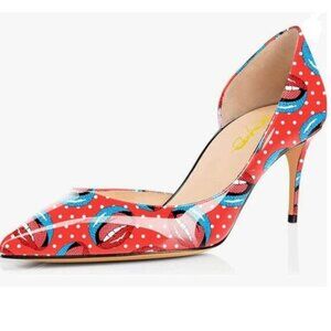 XYD Red Lips D'Orsay Low Heels Comfortable Slip-on Pointed Toe Sexy Casual Pumps